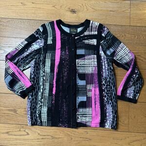 Bob Mackie Wearable Art Cardigan SZ L Abstract Button Up Black Pink Statement